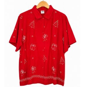 La Leela Vintage Christmas Holiday Shirt Red Embroidered Trees Bells Size L